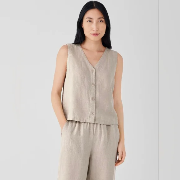 Eileen Fisher Organic Linen Tan Vest Petite Small - Picture 1 of 10